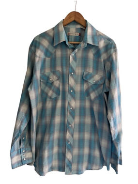 western pearl snap plaid shirt teal turquoise cowboy core roper